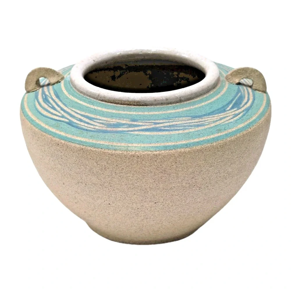 Studio Pottery Handmade Vase‎ Handles Turquoise Blue Wave Glaze Beige Stoneware